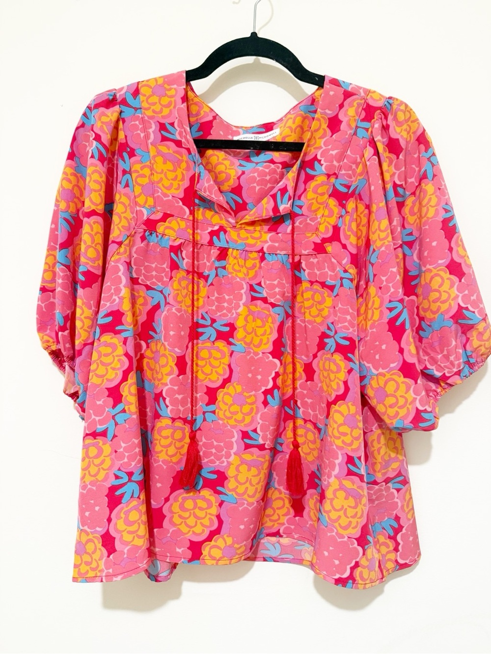 Women’s Pink Floral Tie-Front Peasant Blouse